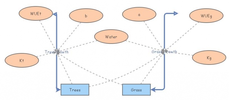 Competition of growth of grass and trees with a ans b | Insight Maker